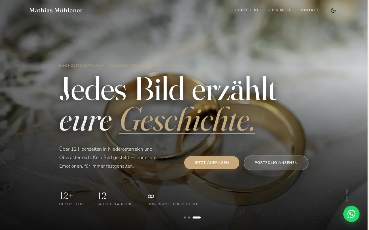Startseite des Hochzeitsfotografen Mathias Mühlener: großes Ringfoto, darüber die Überschrift „Jedes Bild erzählt eure Geschichte“ und zwei Buttons.